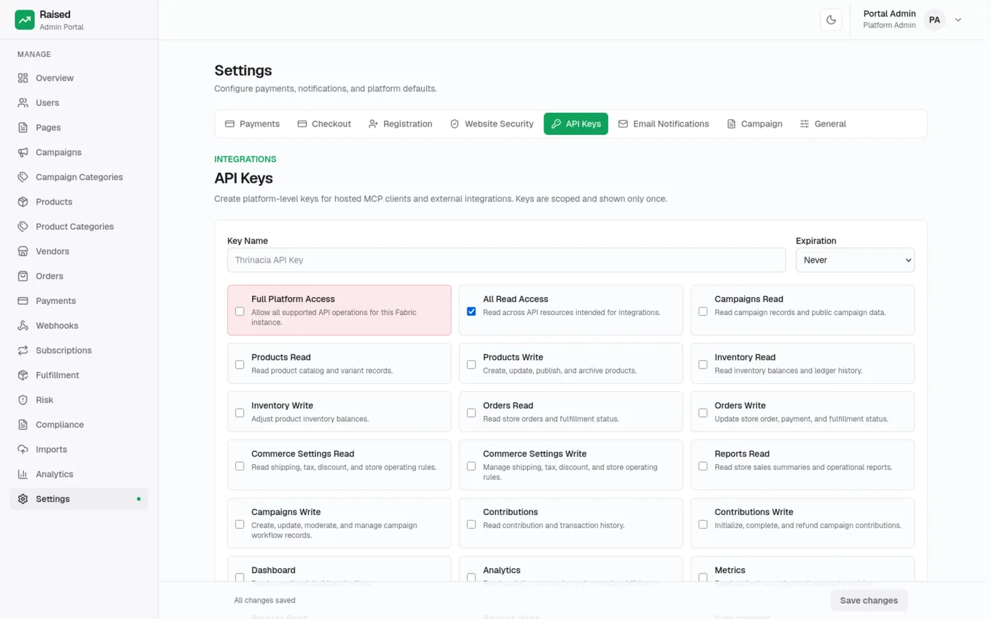 Scoped API key management for a custom Fabric frontend
