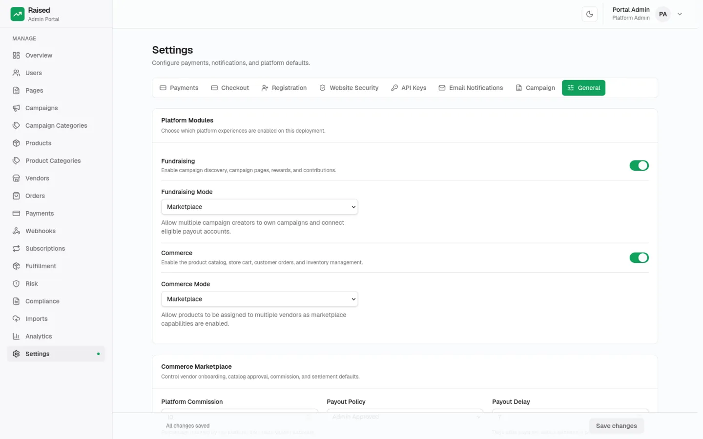 Thrinacia Fabric module and marketplace operating mode settings