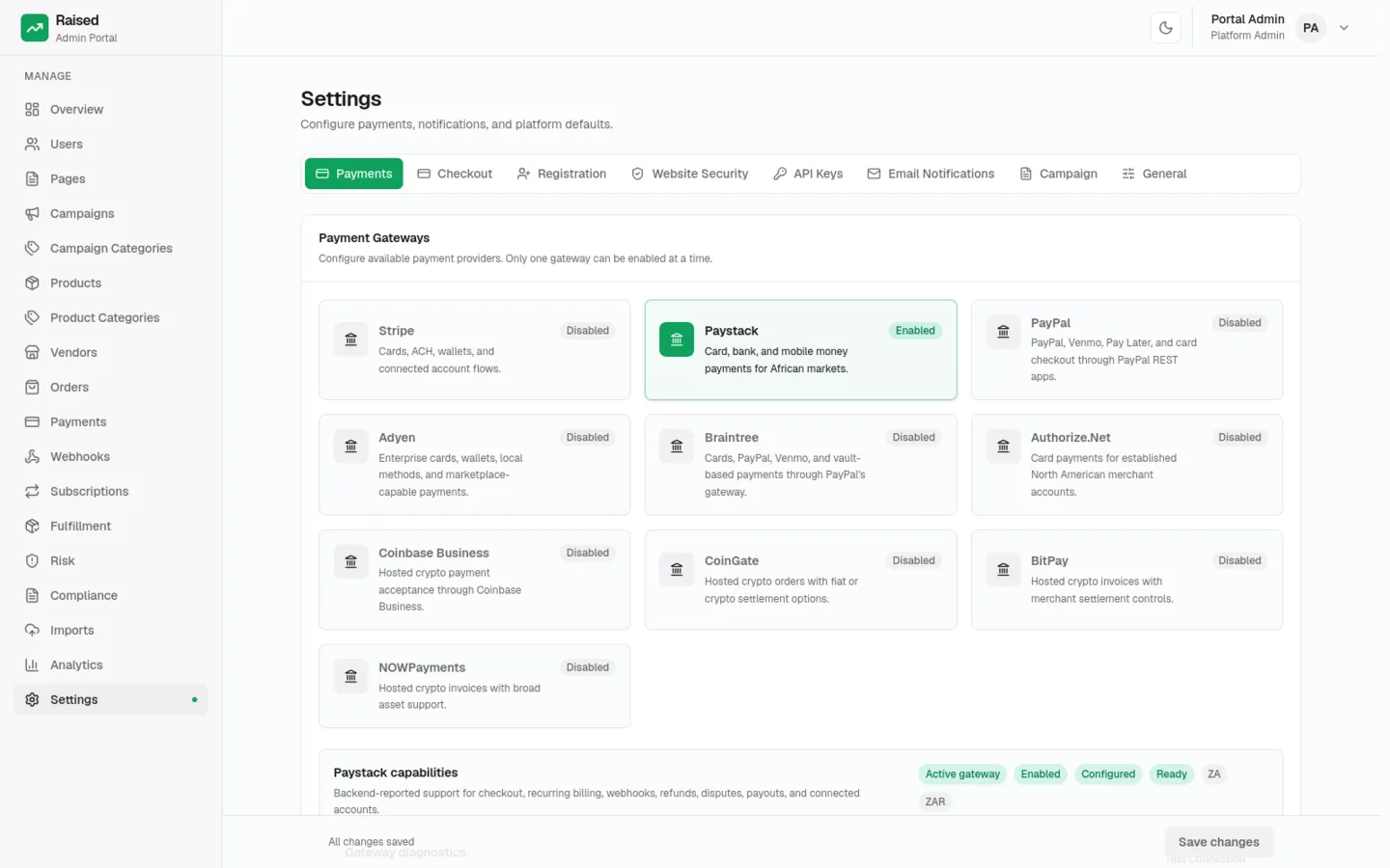 Thrinacia Fabric payment gateway configuration